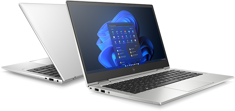 Zwei aufgeklappte HP EliteBooks stehen mit den Rückseiten gegeneinander.