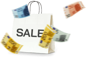 Einkaufstüte mit Sale-Schriftzug und fliegenden Geldscheinen