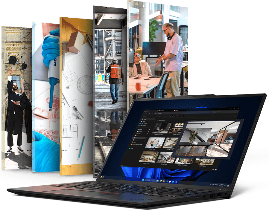 Laptop mit verschiedenen Branchen als Slides im Hintergrund