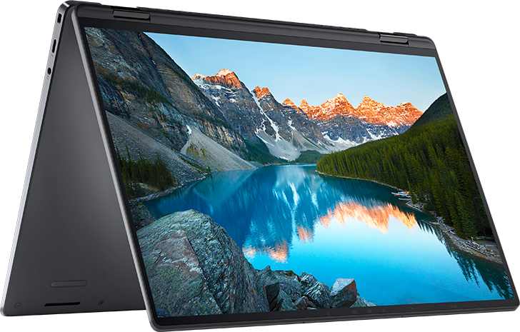 Dell ai-pc im Zelt-Modus, aufgeklappt, mit klarem Bildschirm“