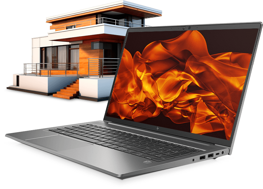 HP ZBook mit Architekturgebäude im Hintergrund