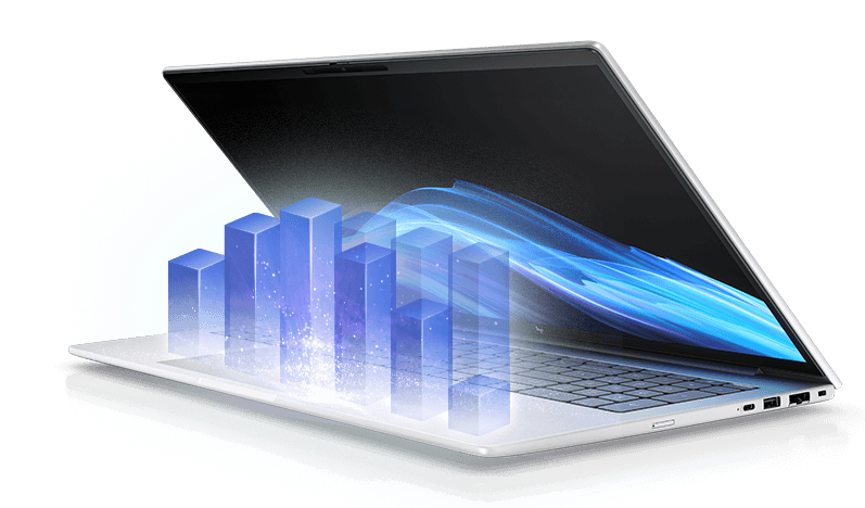 HP Elitebook mit einem blauen Säulendiagramm