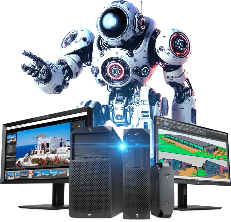 KI-Robooter mit HP-Geräten und -Monitoren